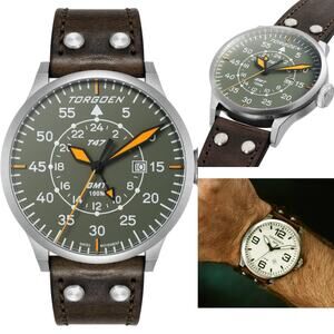 TORGOEN TN-1209U T47 Jumbo Green Sapphire GMT 47mm Brown Leather Strap New